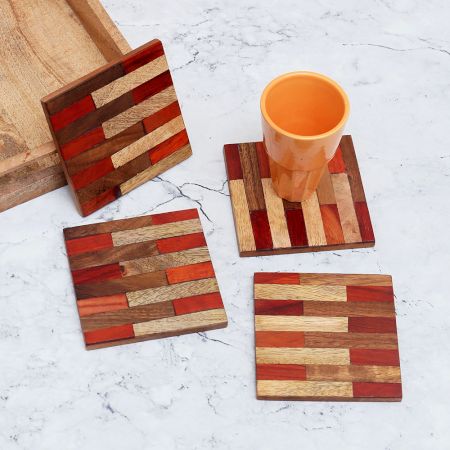 Red and Brown Wooden Coasters - Pack of 4